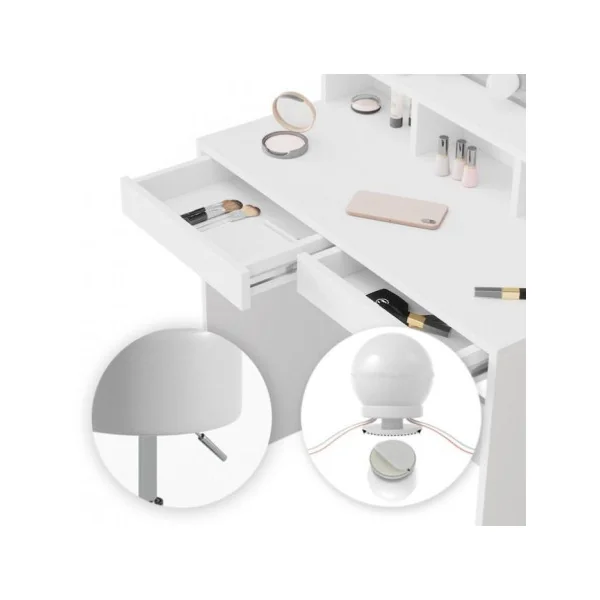 Coiffeuse avec miroir Tiana + LED + tabouret Coiffeuse blanche Coiffeuse moderne Coiffeuse maquillage Coiffeuse femme