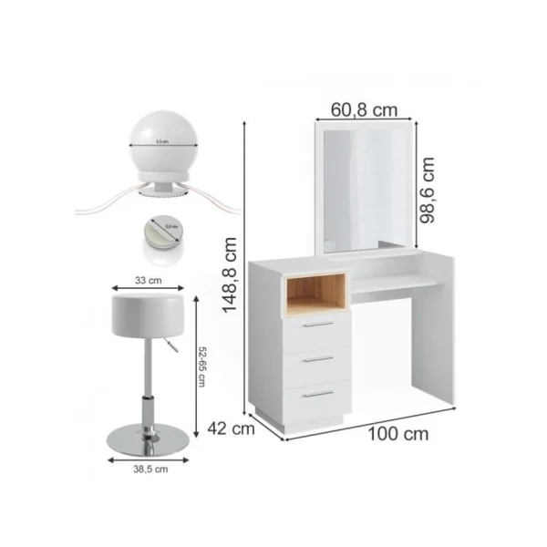 Coiffeuse blanc et chêne avec miroir + LED + Tabouret Coiffeuse blanche Coiffeuse femme Coiffeuse moderne