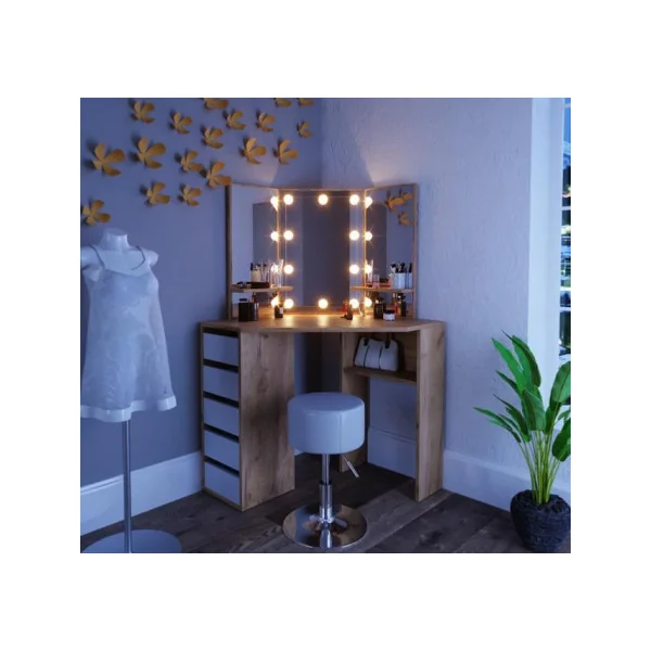 Coiffeuse d'angle moderne chêne et blanc + LED + tabouret Coiffeuse moderne Coiffeuse maquillage Coiffeuse femme