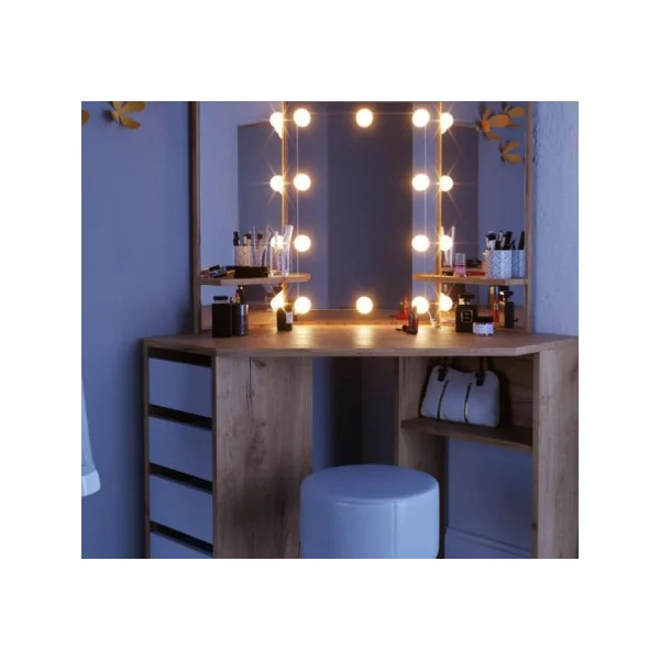 Coiffeuse d'angle moderne chêne et blanc + LED + tabouret Coiffeuse moderne Coiffeuse maquillage Coiffeuse femme