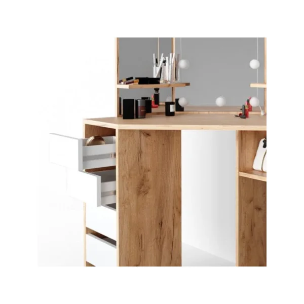 Coiffeuse d'angle moderne chêne et blanc + LED + tabouret Coiffeuse moderne Coiffeuse maquillage Coiffeuse femme