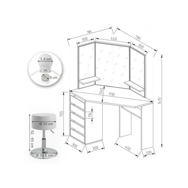 Coiffeuse d'angle moderne chêne et blanc + LED + tabouret Coiffeuse moderne Coiffeuse maquillage Coiffeuse femme