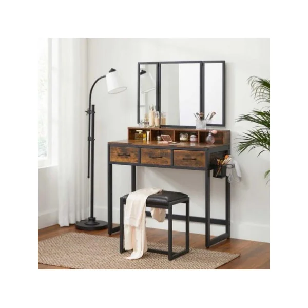 Coiffeuse industrielle brun avec miroir triptyque 3 tiroirs Coiffeuse miroir Coiffeuse moderne Coiffeuse maquillage