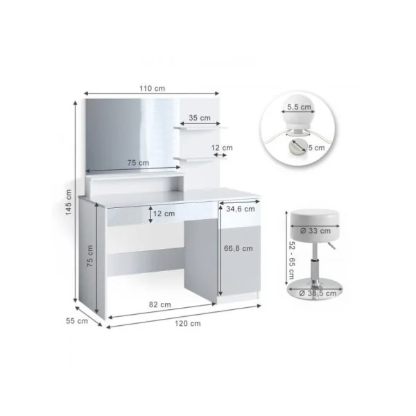 Coiffeuse table maquillage + grand miroir + LED + Tabouret Coiffeuse moderne Coiffeuse maquillage