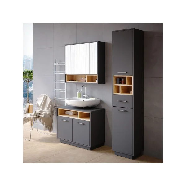 Colonne de salle de bain chêne et anthracite colonne de rangement design armoire haute salle de bain