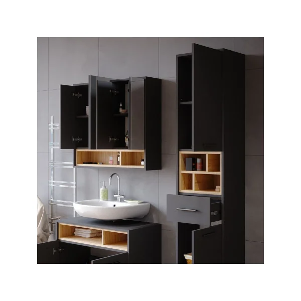 Colonne de salle de bain chêne et anthracite colonne de rangement design armoire haute salle de bain