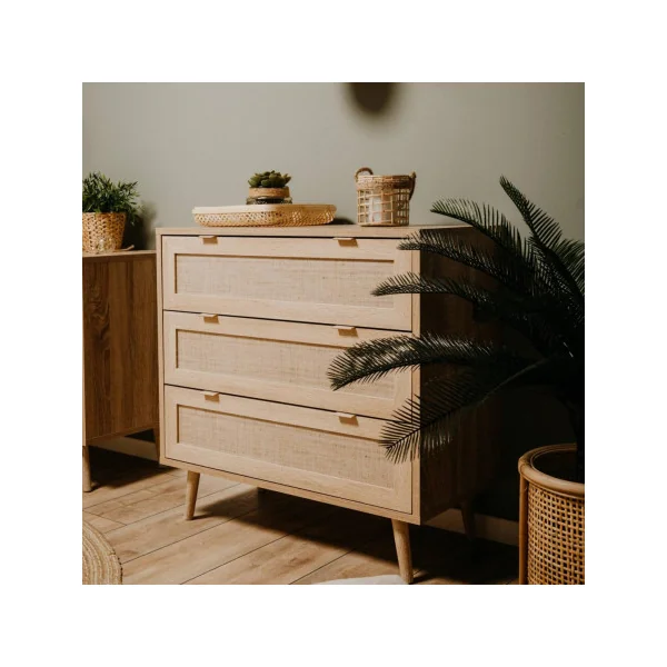 Commode 3 tiroir chêne et cannage en palmier de bambou tressé commode chambre commode salon