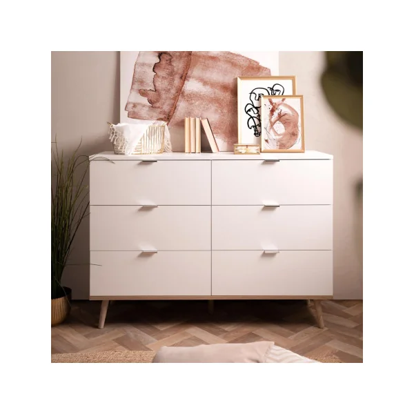 Commode 6 tiroirs commode blanche élégante meuble de rangement chambre ou salon
