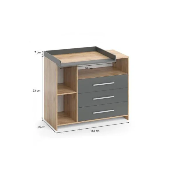 Commode à langer 3 tiroirs table langer chêne et anthracite plan à langer amovible