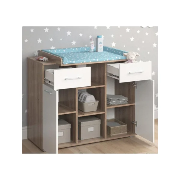 Commode à langer spacieuse blanche et chêne avec nombreux rangements plan à langer amovible