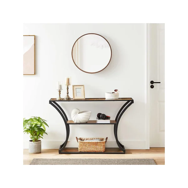 Console industrielle courbée console 3 niveaux table d'entrée brun rustique et noir