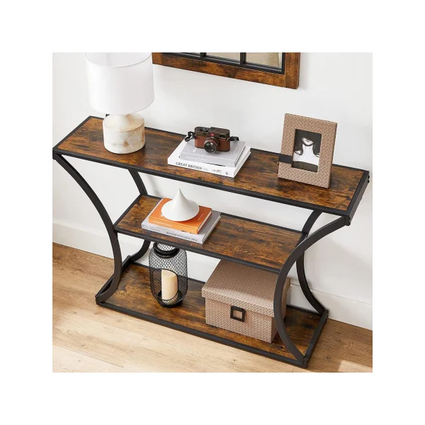 Console industrielle courbée console 3 niveaux table d'entrée brun rustique et noir