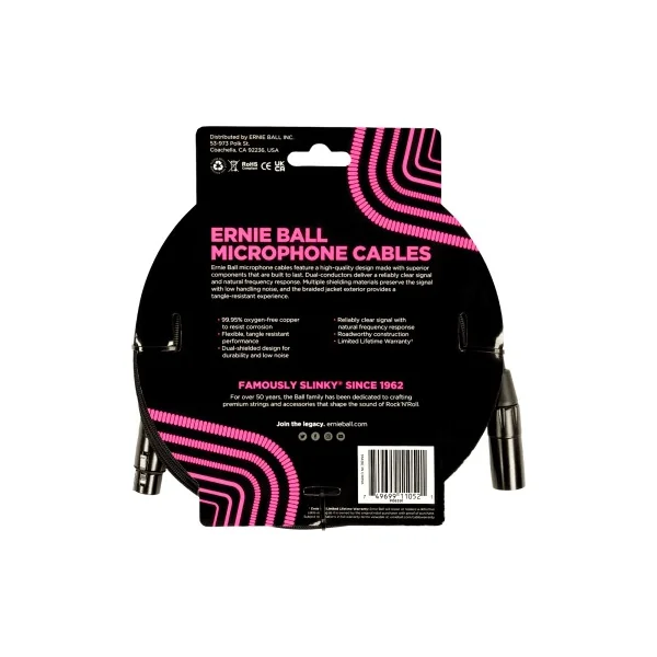 Câble microphone Ernie Ball Gaine tissée xlr mâle/xlr fem 4,5m noir