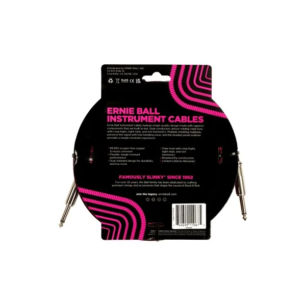 Câbles Ernie Ball gaine tissée Jack/Jack 7,62m rouge et noir
