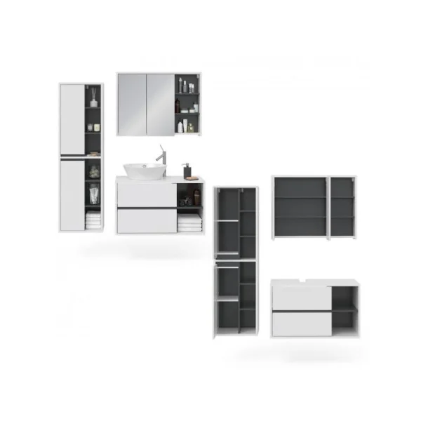 Ensemble meuble salle de bain blanc et anthracite moderne meuble sous vasque avec colonne de salle de bain et armoire murale ave