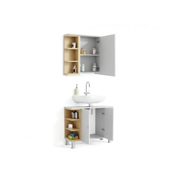 Ensemble meuble salle de bain blanc et chêne meuble sous vasque moderne avec armoire miroir