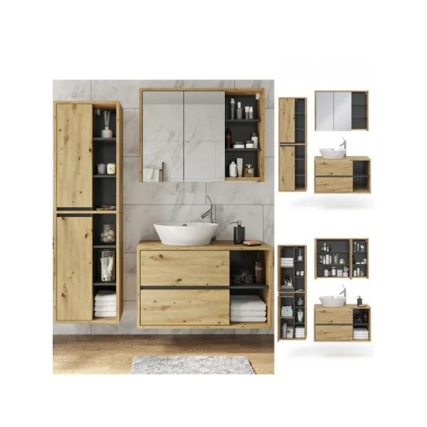 Ensemble meuble salle de bain chêne et anthracite moderne meuble sous vasque avec colonne de salle de bain et armoire murale ave