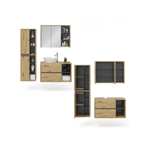 Ensemble meuble salle de bain chêne et anthracite moderne meuble sous vasque avec colonne de salle de bain et armoire murale ave