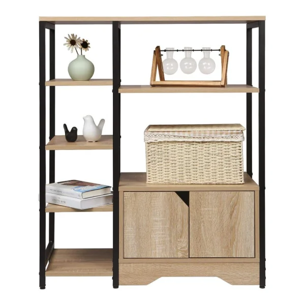 Etagère de rangement bibliothèque industrielle meuble de bureau en métal et chêne