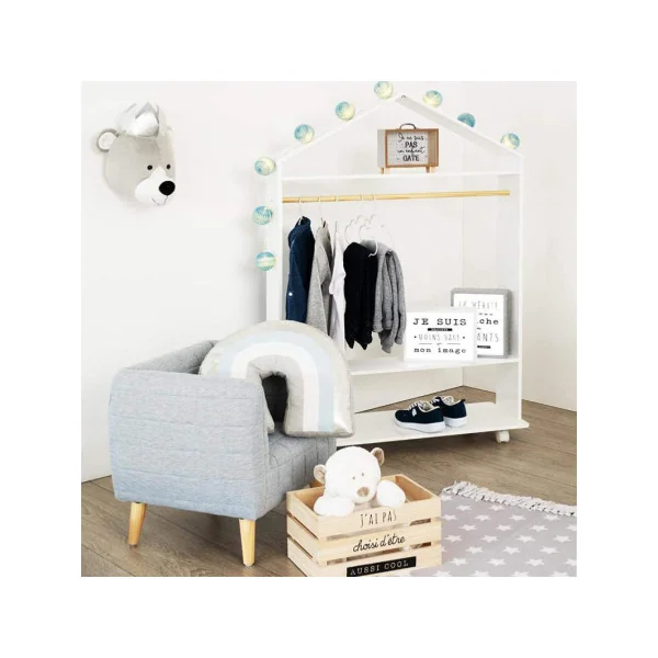 Fauteuil enfant molletonné gris pieds scandinave en pin massif