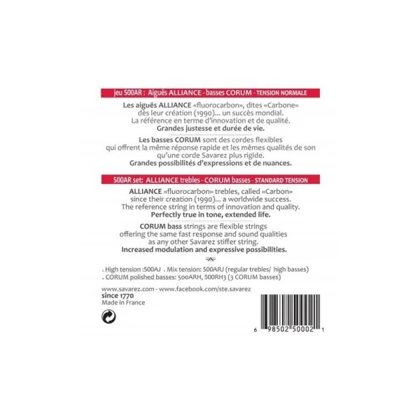 Jeu Guitare classique SAVAREZ 500AR Alliance Corum Rouge