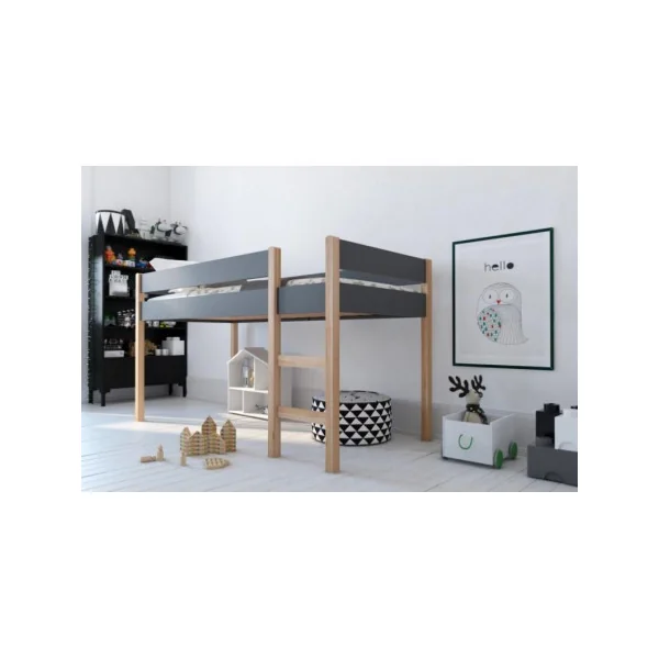 Lit enfant gris 90x200 cm pin massif lit mezanine lit avec sommier
