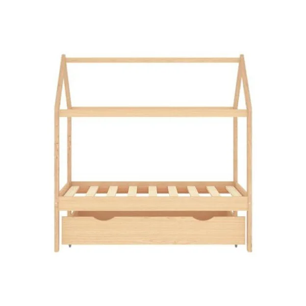 Lit Montessori 70x140 cm pin massif foncé lit enfant avec sommier lit cabane lit maison avec tiroir rangement