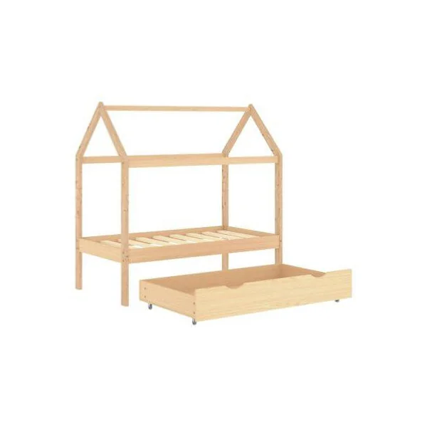 Lit Montessori 70x140 cm pin massif foncé lit enfant avec sommier lit cabane lit maison avec tiroir rangement