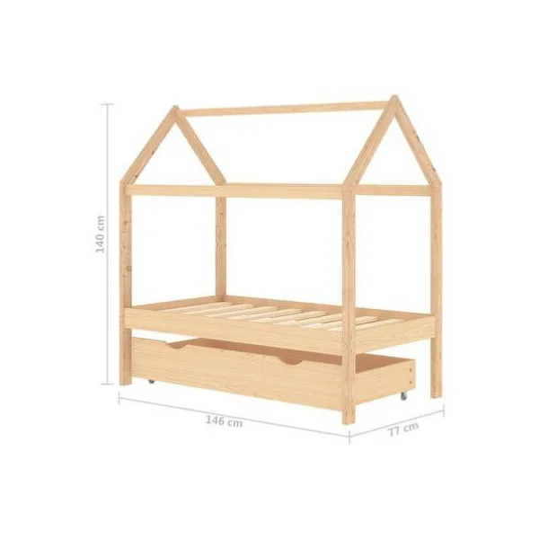 Lit Montessori 70x140 cm pin massif foncé lit enfant avec sommier lit cabane lit maison avec tiroir rangement