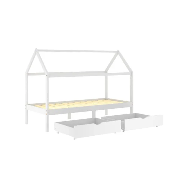 Lit Montessori 90x200 cm blanc pin massif lit enfant avec sommier 2 tiroirs rangement lit cabane lit maison