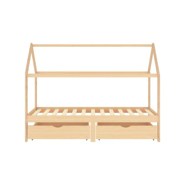 Lit Montessori 90x200 cm naturel pin massif lit enfant avec sommier 2 tiroirs rangement lit cabane lit maison