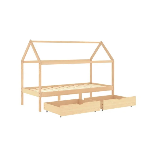 Lit Montessori 90x200 cm naturel pin massif lit enfant avec sommier 2 tiroirs rangement lit cabane lit maison