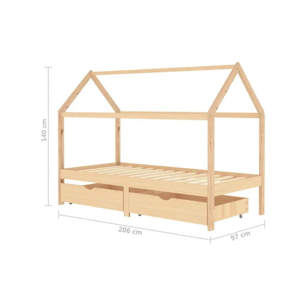 Lit Montessori 90x200 cm naturel pin massif lit enfant avec sommier 2 tiroirs rangement lit cabane lit maison