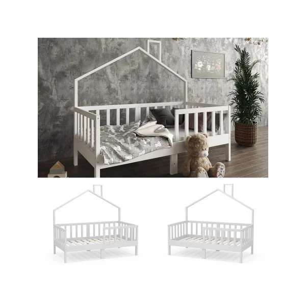 Lit montessori lit enfant 70x140 cm blanc lit cabane lit maison en pin massif avec sommier à lattes