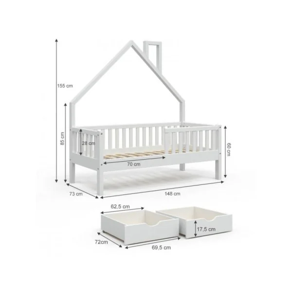 Lit montessori lit enfant 70x140 cm bois naturel avec 2 tiroirs rangement lit cabane lit maison avec barrières