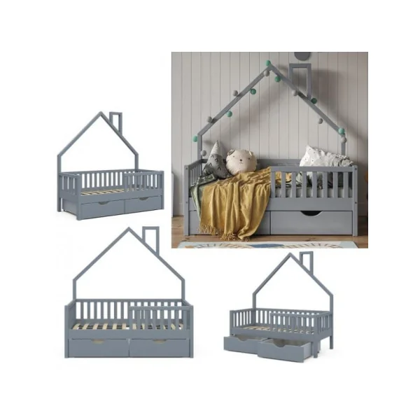 Lit montessori lit enfant 70x140 cm gris avec 2 tiroirs rangement lit cabane lit maison avec barrières
