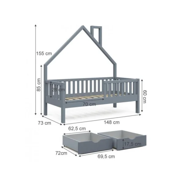 Lit montessori lit enfant 70x140 cm gris avec 2 tiroirs rangement lit cabane lit maison avec barrières