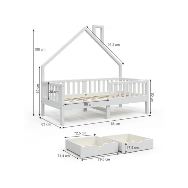 Lit montessori lit enfant 80x160 cm bois naturel avec 2 tiroirs rangement lit cabane lit maison avec barrières