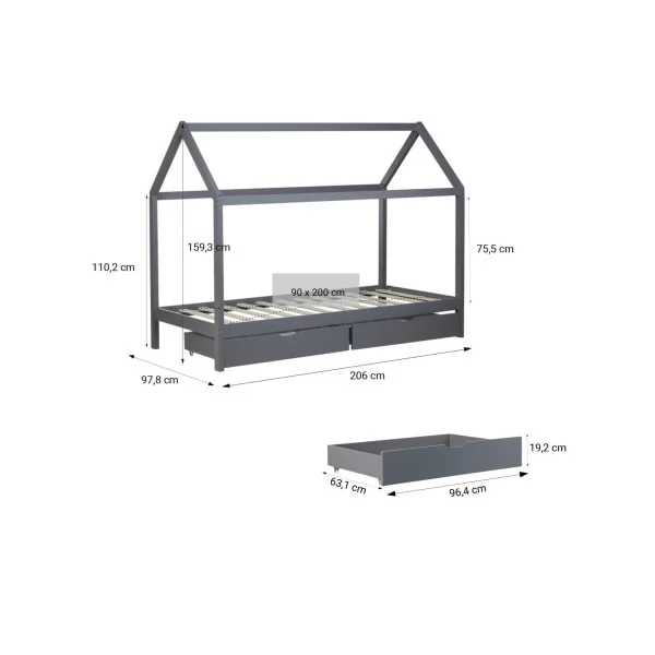 Lit montessori lit enfant gris 90x200 cm avec 2 tiroirs rangement lit cabane lit maison lit enfant avec sommier