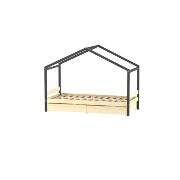 Lit Montessori noir et bois pour enfant 90x190 cm avec 2 tiroirs rangement lit enfant avec sommier lit tipi lit cabane