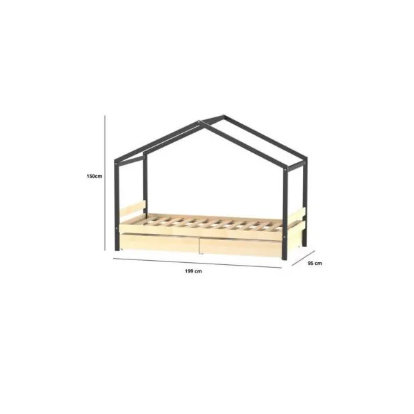 Lit Montessori noir et bois pour enfant 90x190 cm avec 2 tiroirs rangement lit enfant avec sommier lit tipi lit cabane