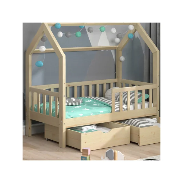 Lit montessori pour enfant 70x140 cm avec 2 tiroirs bois naturel lit cabane lit maison lit enfant avec sommier