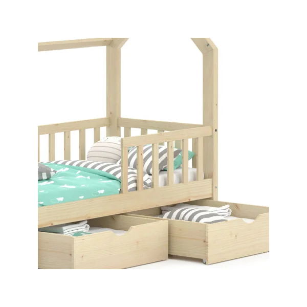 Lit montessori pour enfant 70x140 cm avec 2 tiroirs bois naturel lit cabane lit maison lit enfant avec sommier