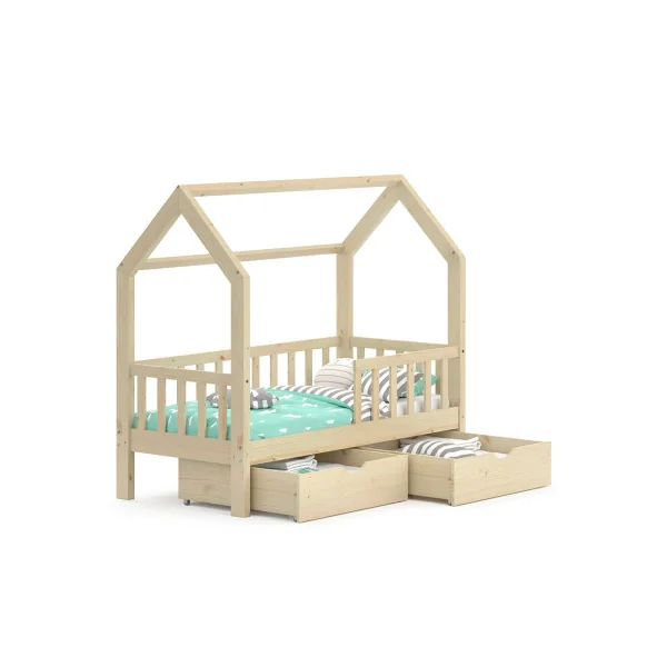 Lit montessori pour enfant 70x140 cm avec 2 tiroirs bois naturel lit cabane lit maison lit enfant avec sommier