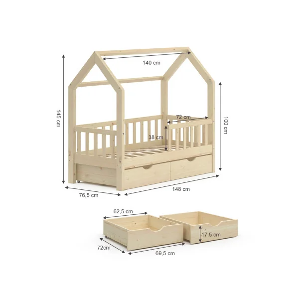 Lit montessori pour enfant 70x140 cm avec 2 tiroirs bois naturel lit cabane lit maison lit enfant avec sommier