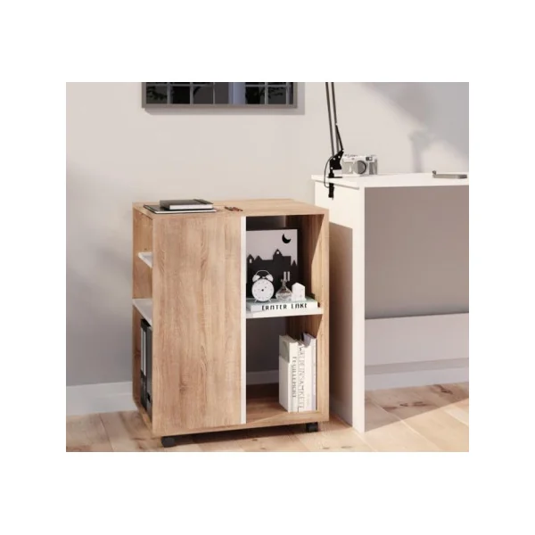 Meuble de bureau mobile chêne et blanc caisson de bureau à roulettes