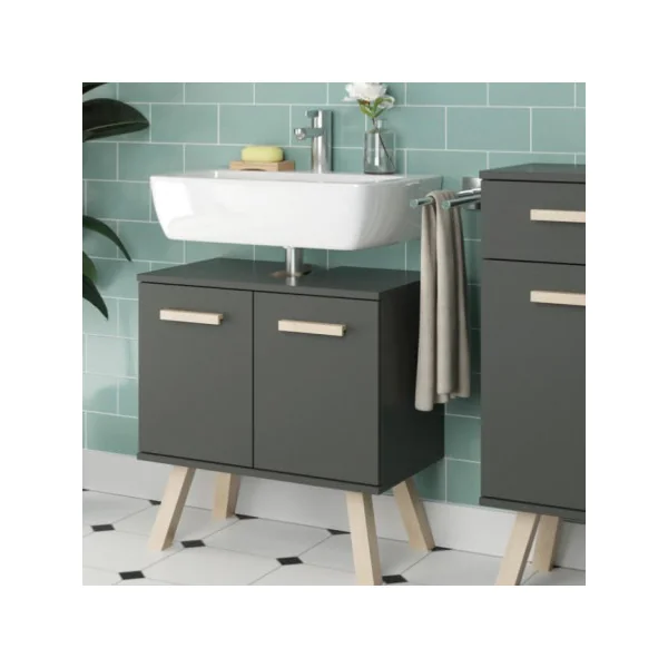 Meuble sous vasque en bois naturel et anthracite meuble sous lavabo salle de bain pieds scandinave