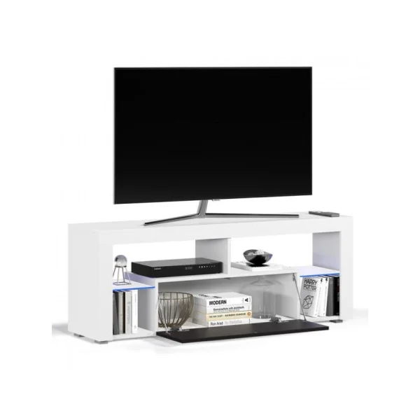 Meuble TV blanc et noir avec LED meuble téléviseur design étagère verre trempé