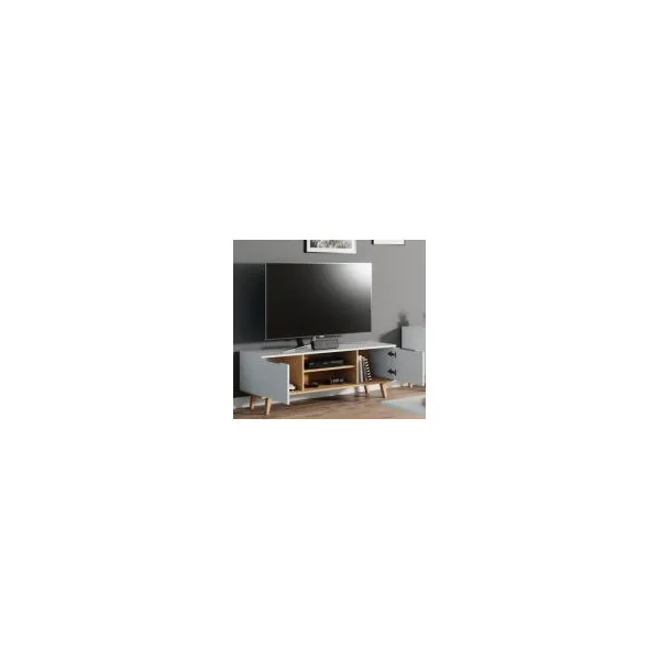 Meuble TV moderne Scandi meuble télévision blanc pied en bois massif