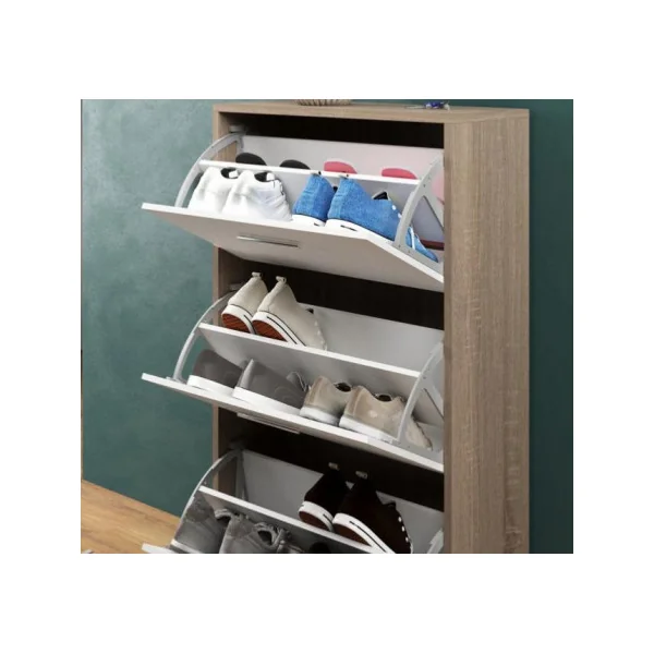 Meuble à chaussures 12 paires chêne et blanc rangement chaussures 3 rabats meuble chaussures
